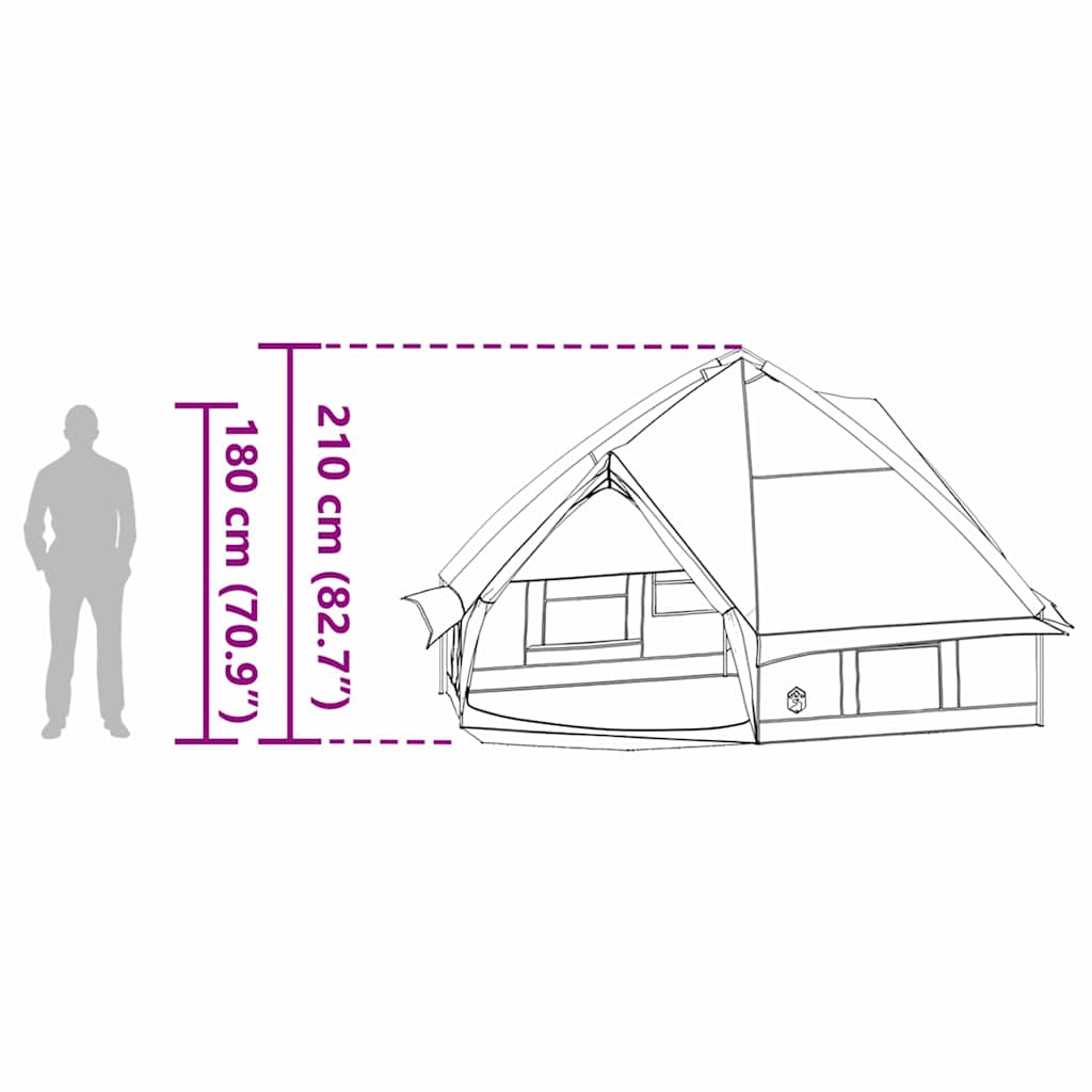 Zijaanzicht van de vidaXL Teepee Tent met afmetingen en ventilatieopening.