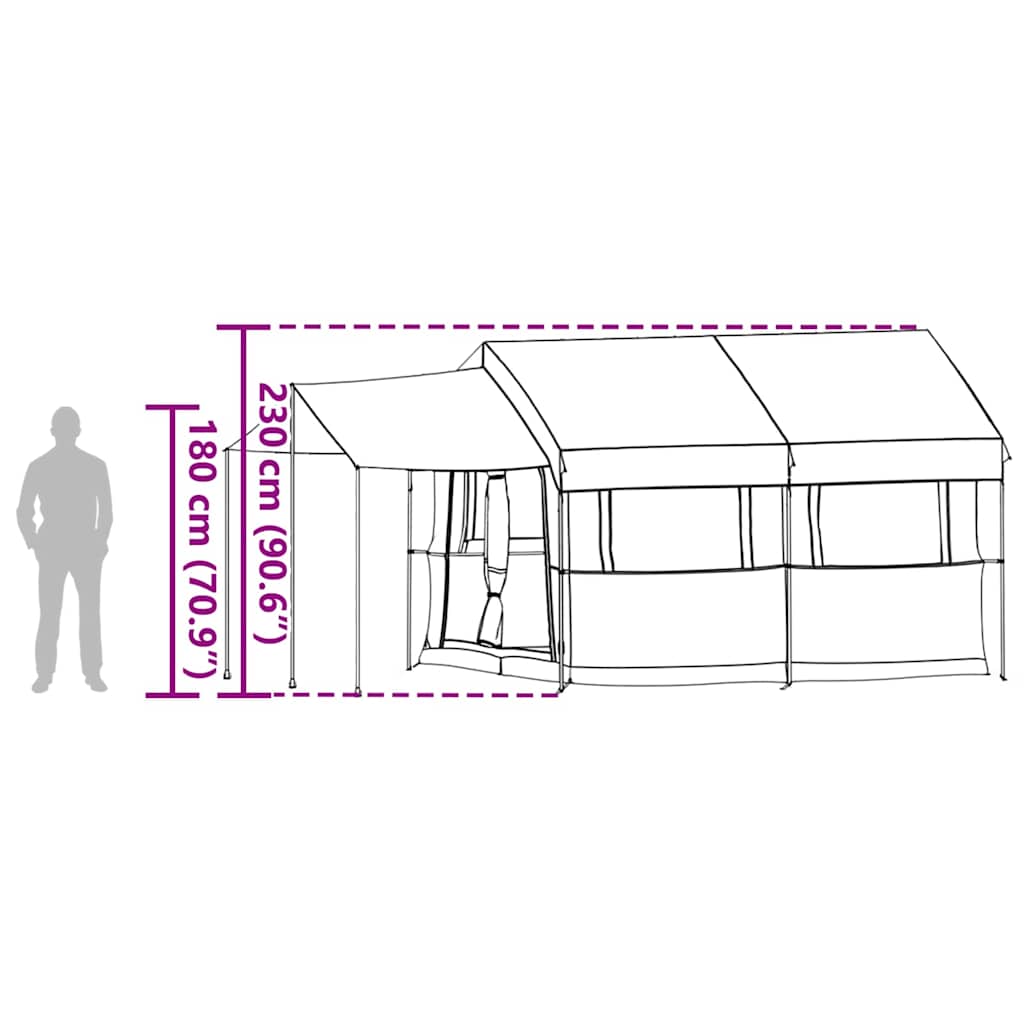 Zijaanzicht van de vidaXL familietent met afmetingen en indeling aangegeven.