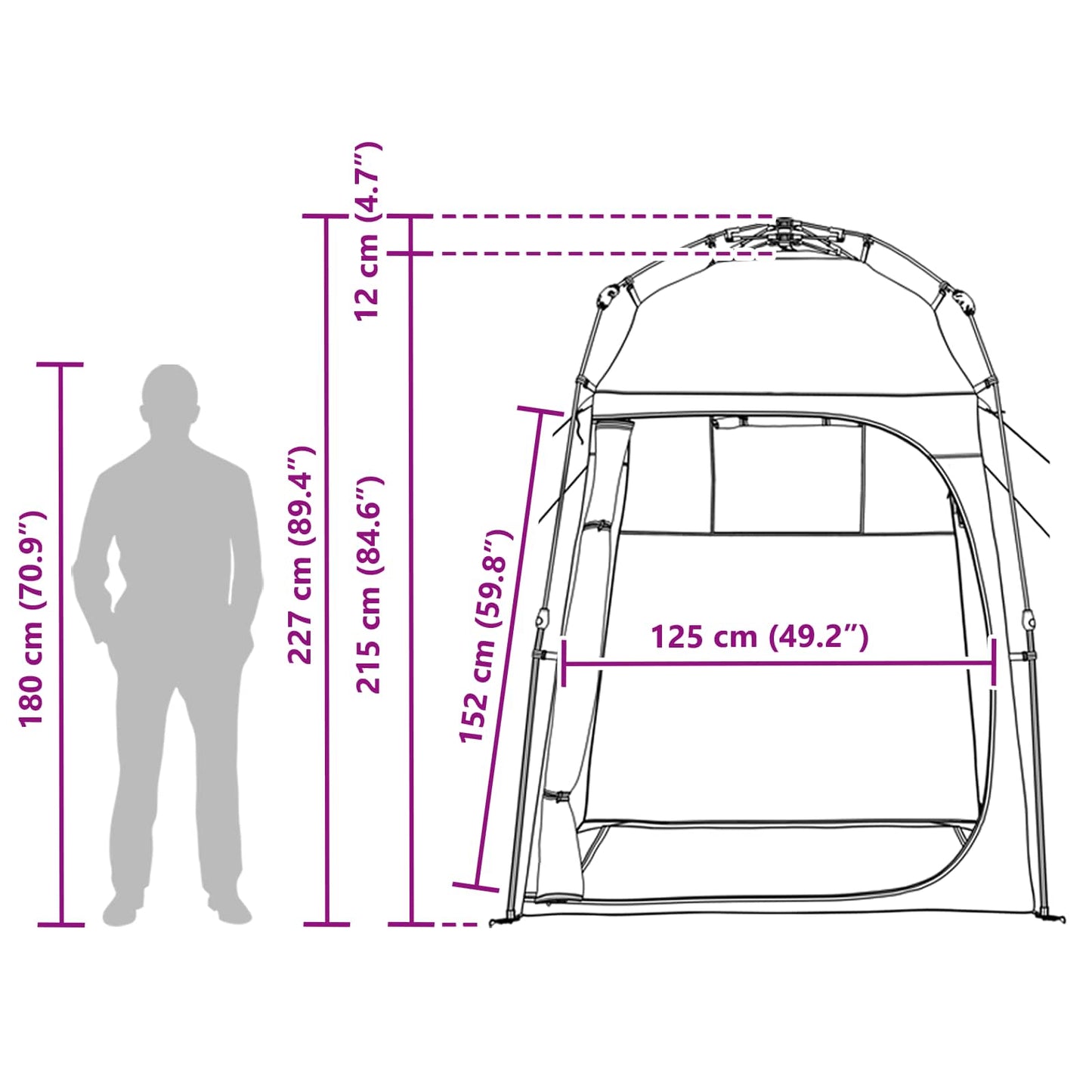 Detail van de vidaXL Instant Tent met afmetingen en zijaanzicht van het frame.
