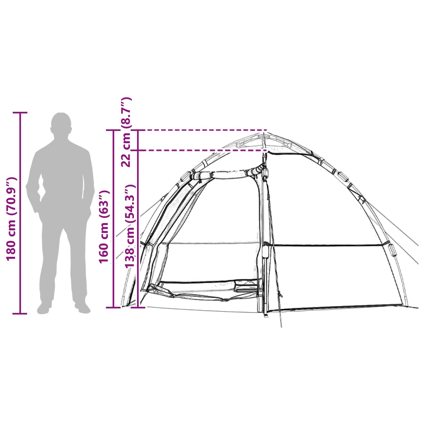 Detail van de vidaXL instant tent met afmetingen en zijaanzicht voor 4 personen.