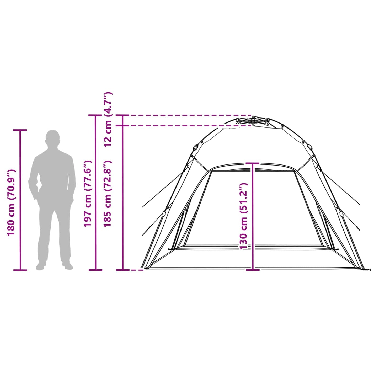 Detail van de afmetingen van de vidaXL Instant Tent, inclusief hoogte en breedte.