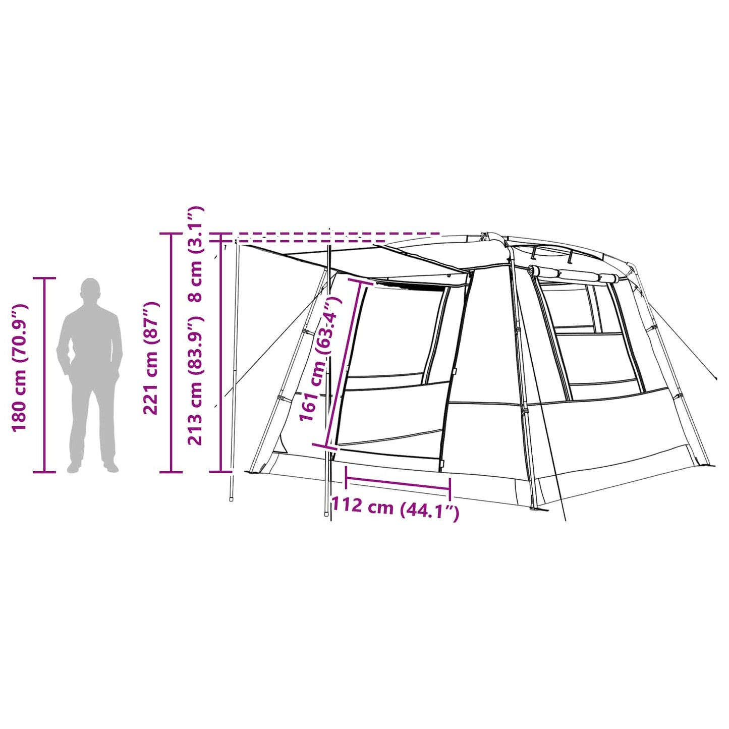 Detailweergave van de afmetingen van de vidaXL Grijs en Oranje partytent met een silhouet van een persoon.
