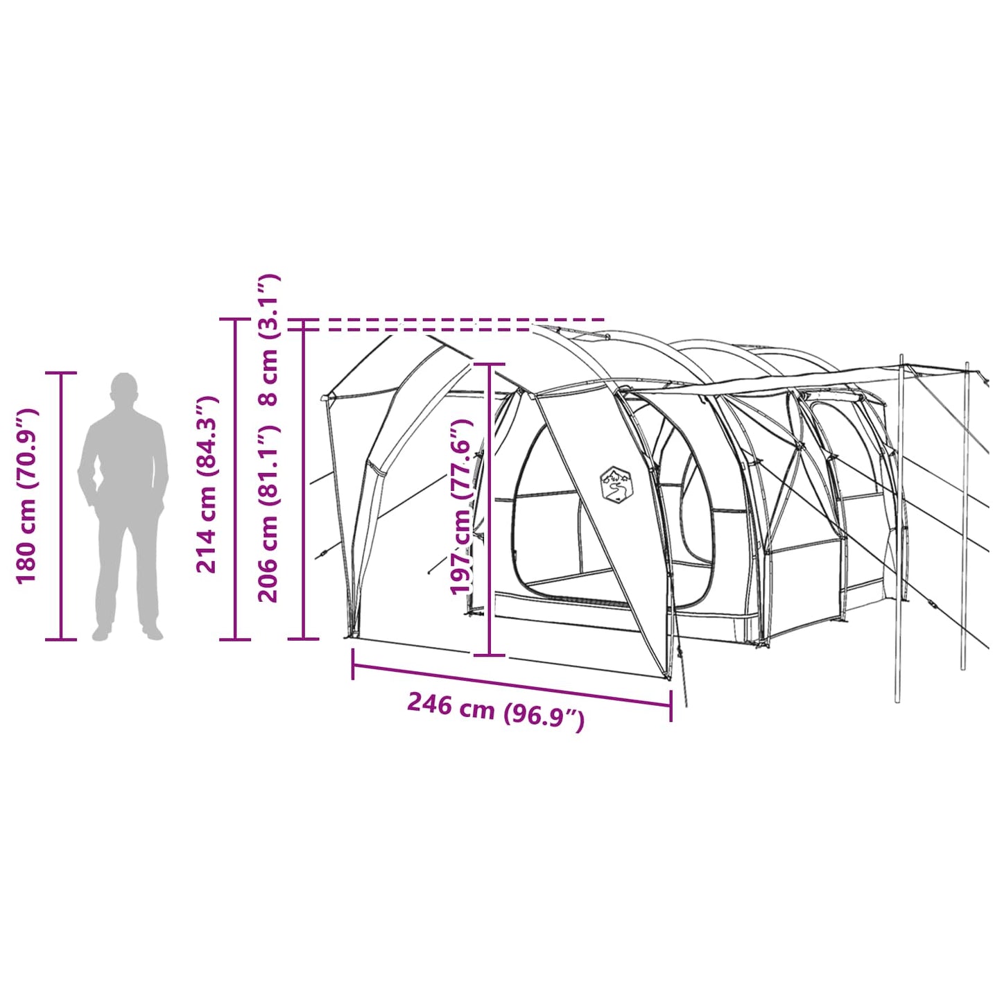 Detailweergave van de vidaXL tunneltent met afmetingen en constructie-informatie.