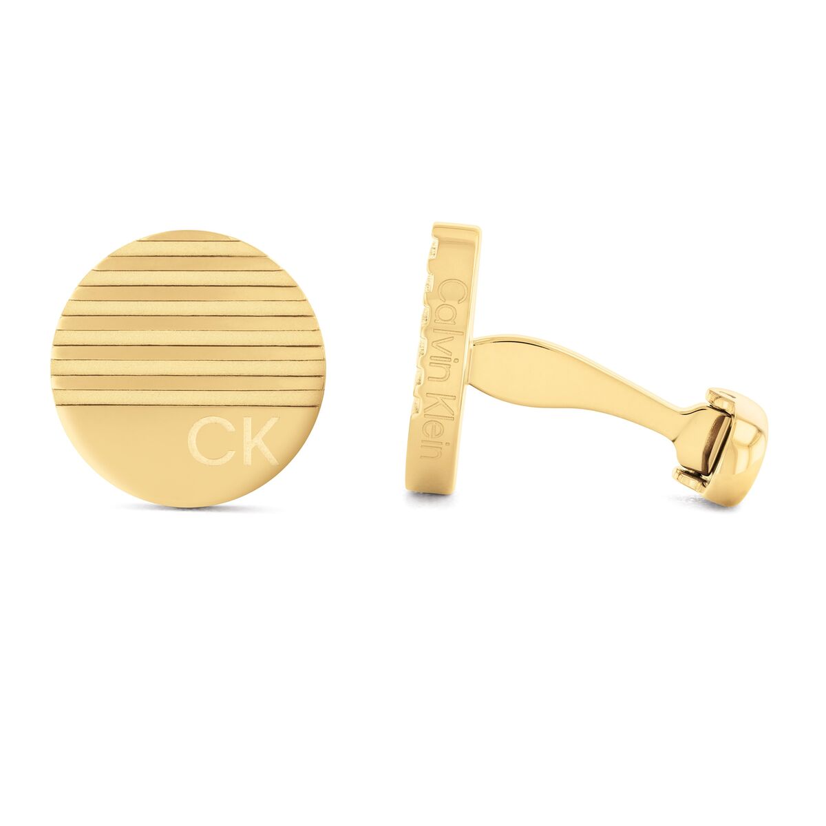 Gouden Calvin Klein oorbellen met gestreept ontwerp en merklogo, elegant en stijlvol.