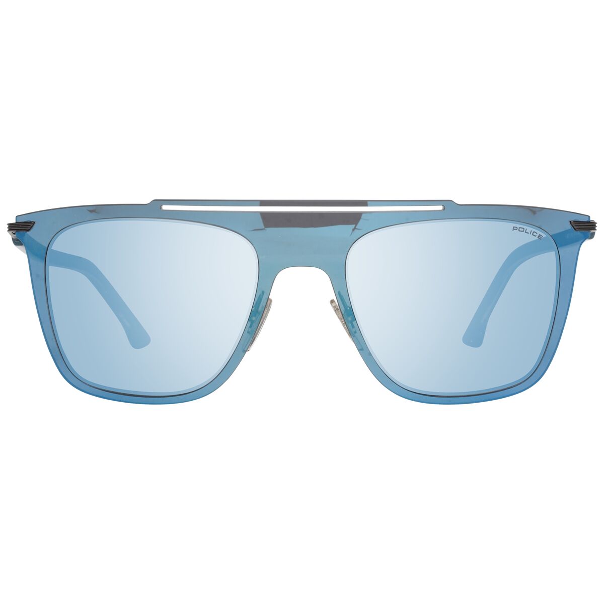 Zijaanzicht van de Police zonnebril Heren SPL581 met blauw montuur en grote glazen.