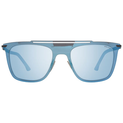 Zijaanzicht van de Police zonnebril Heren SPL581 met blauw montuur en grote glazen.