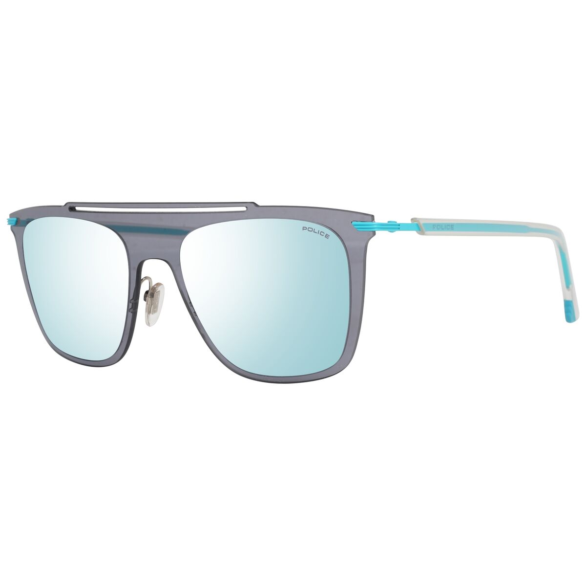 Stijlvolle Police zonnebril voor heren met grijze glazen en blauw-accenten.