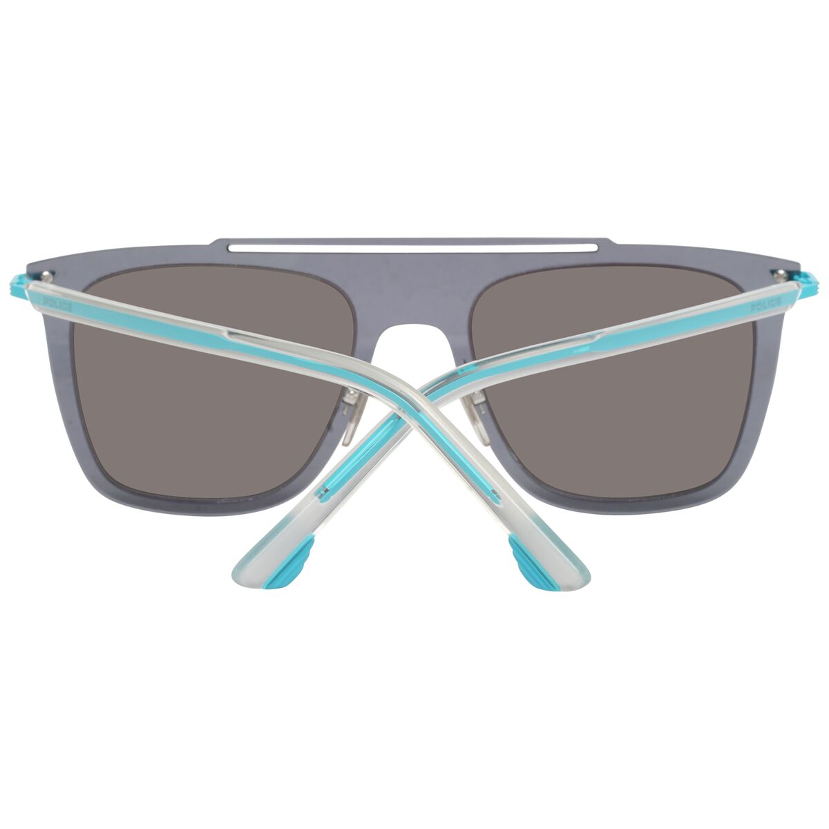 Stijlvolle Police zonnebril met grijze glazen en turquoise accenten, zijaanzicht.