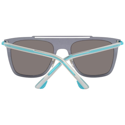 Stijlvolle Police zonnebril met grijze glazen en turquoise accenten, zijaanzicht.