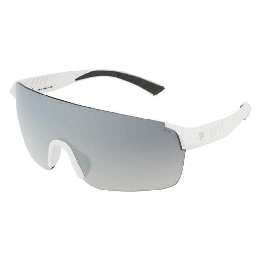 Trendy Fila zonnebril voor heren met een moderne, grijze lens en witte montuur.