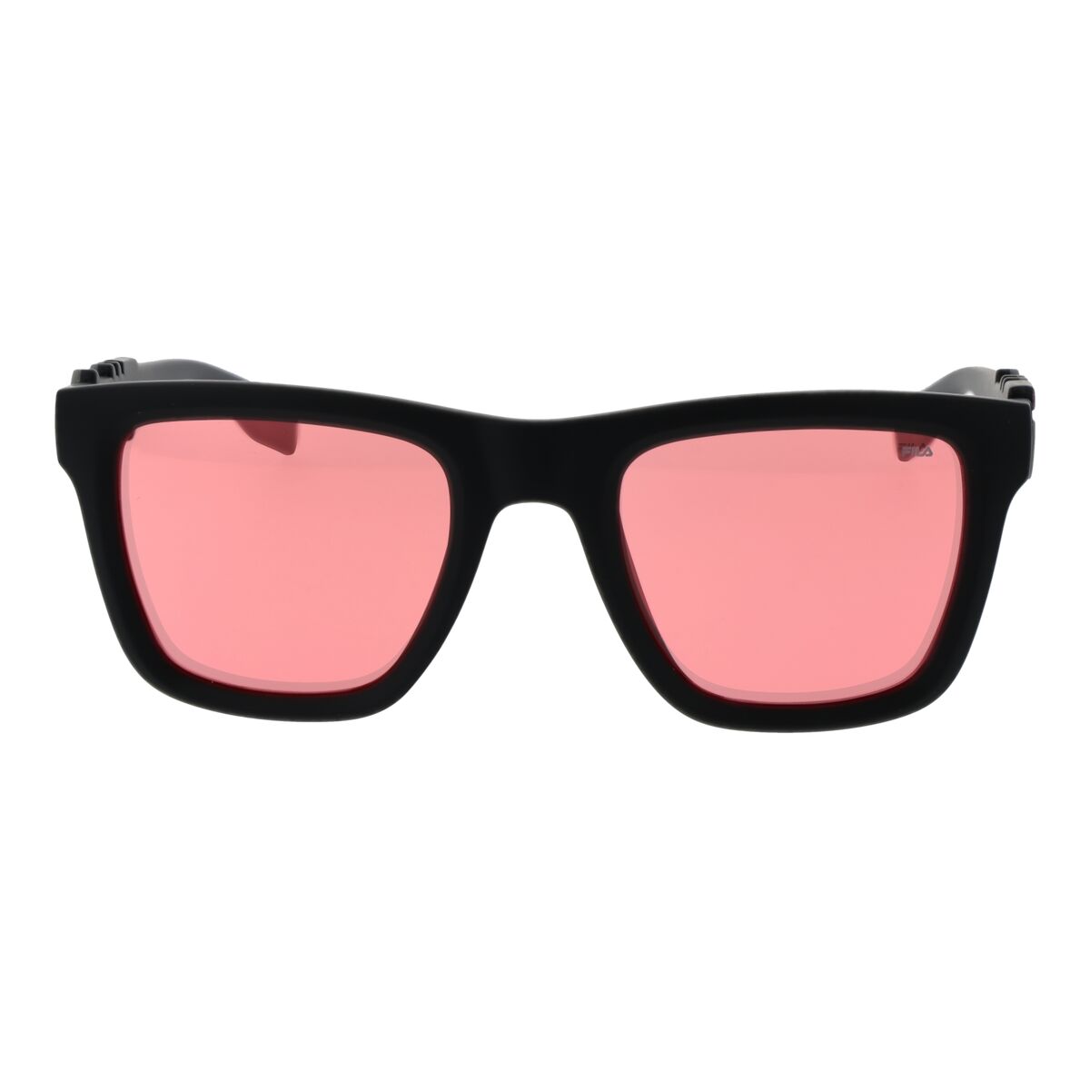 Zijaanzicht van de Fila zonnebril met zwarte montuur en roze glazen.