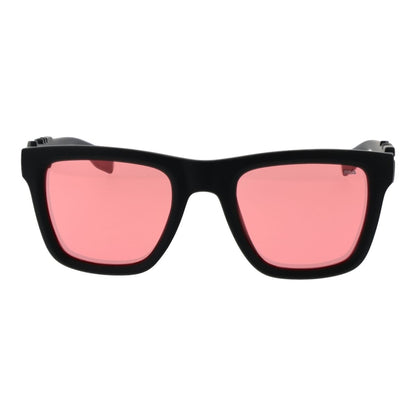 Zijaanzicht van de Fila zonnebril met zwarte montuur en roze glazen.