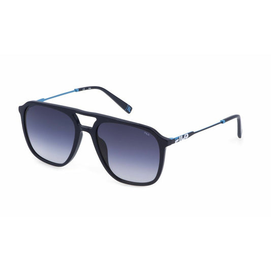 Trendy blauwe Fila zonnebril voor heren met UV400 bescherming, frontaanzicht.