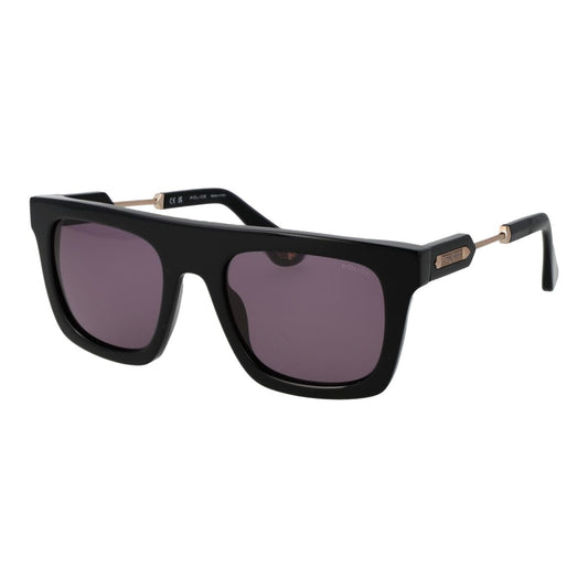 Zwarte Police zonnebril SPLF71M met grote paarse glazen en modern design.