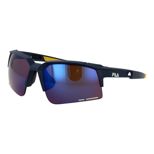 Trendy Fila zonnebril voor heren met blauwe glazen en sportief design.