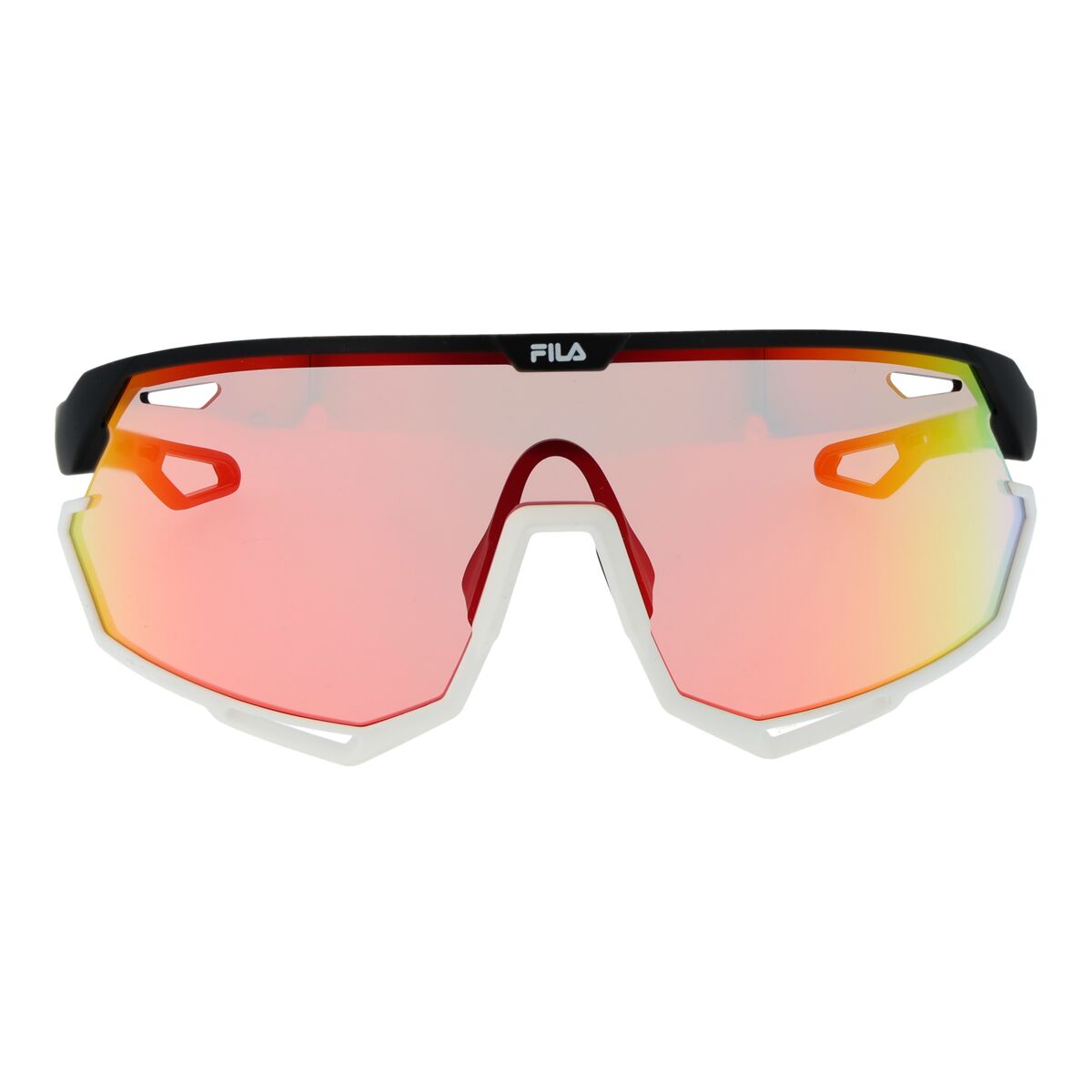 Detail van de Fila zonnebril SFI721 99U28R met een opvallend rood en zwart ontwerp.