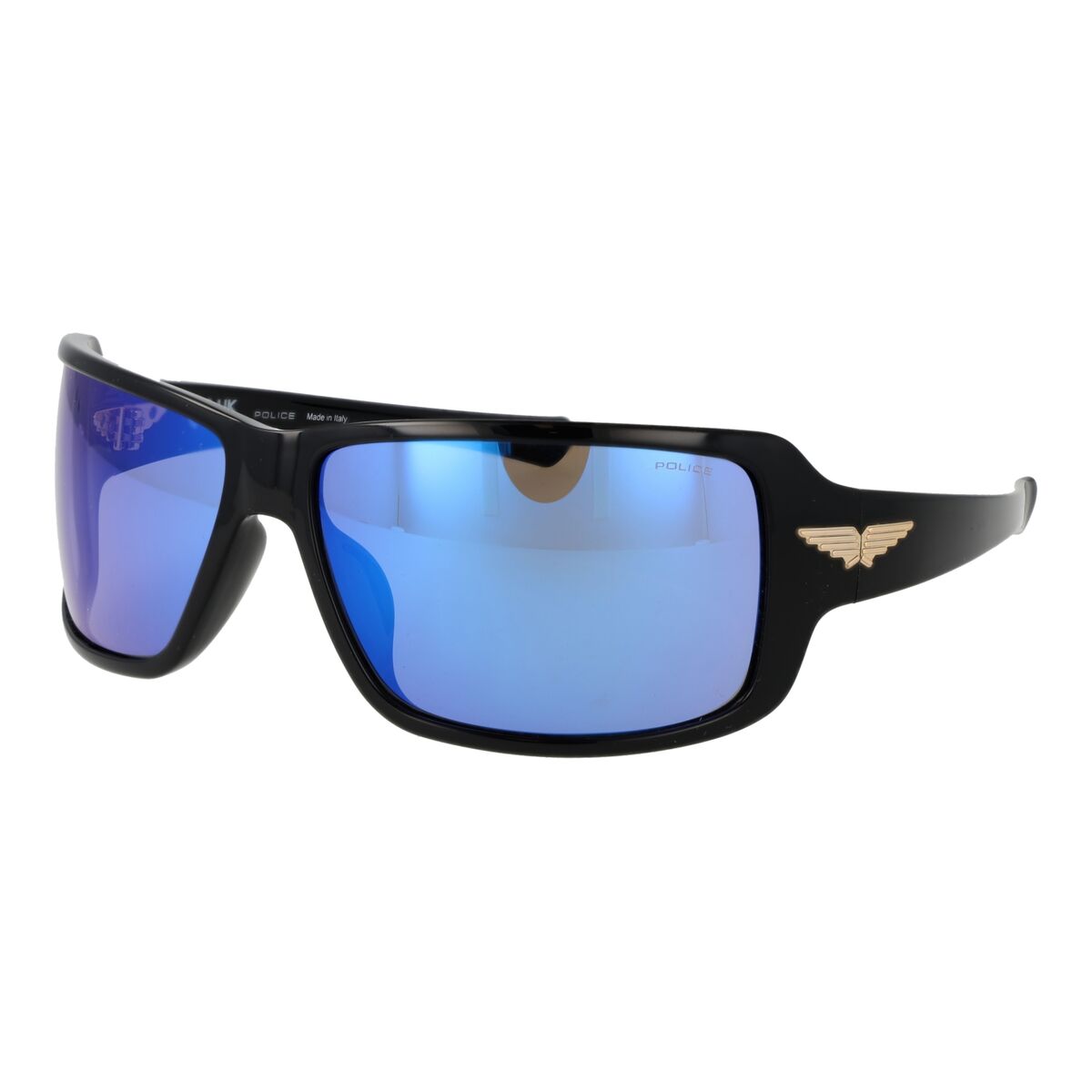 Stijlvolle zwarte Police zonnebril voor heren met blauw spiegelglas en UV400 bescherming.