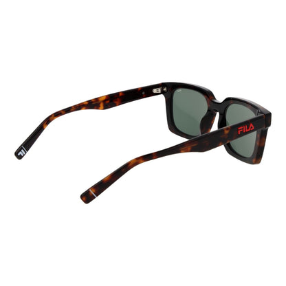 Detail van de Fila zonnebril in tortoise design met groene glazen en merklogo.