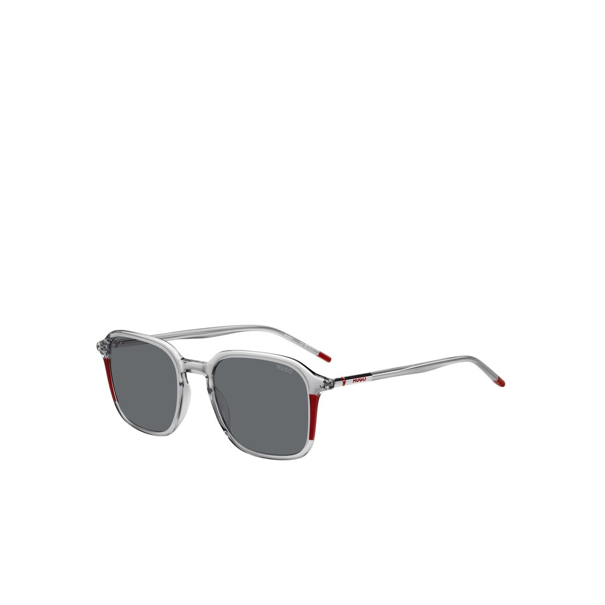 Zijaanzicht van de Hugo Boss zonnebril in multicolour met grijze glazen en metalen montuur.