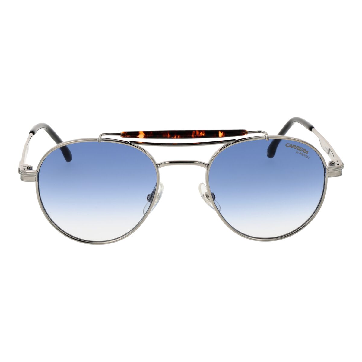 Detail van de Carrera zonnebril met blauwe gradient lenzen en een elegante metalen rand.