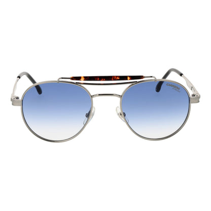 Detail van de Carrera zonnebril met blauwe gradient lenzen en een elegante metalen rand.
