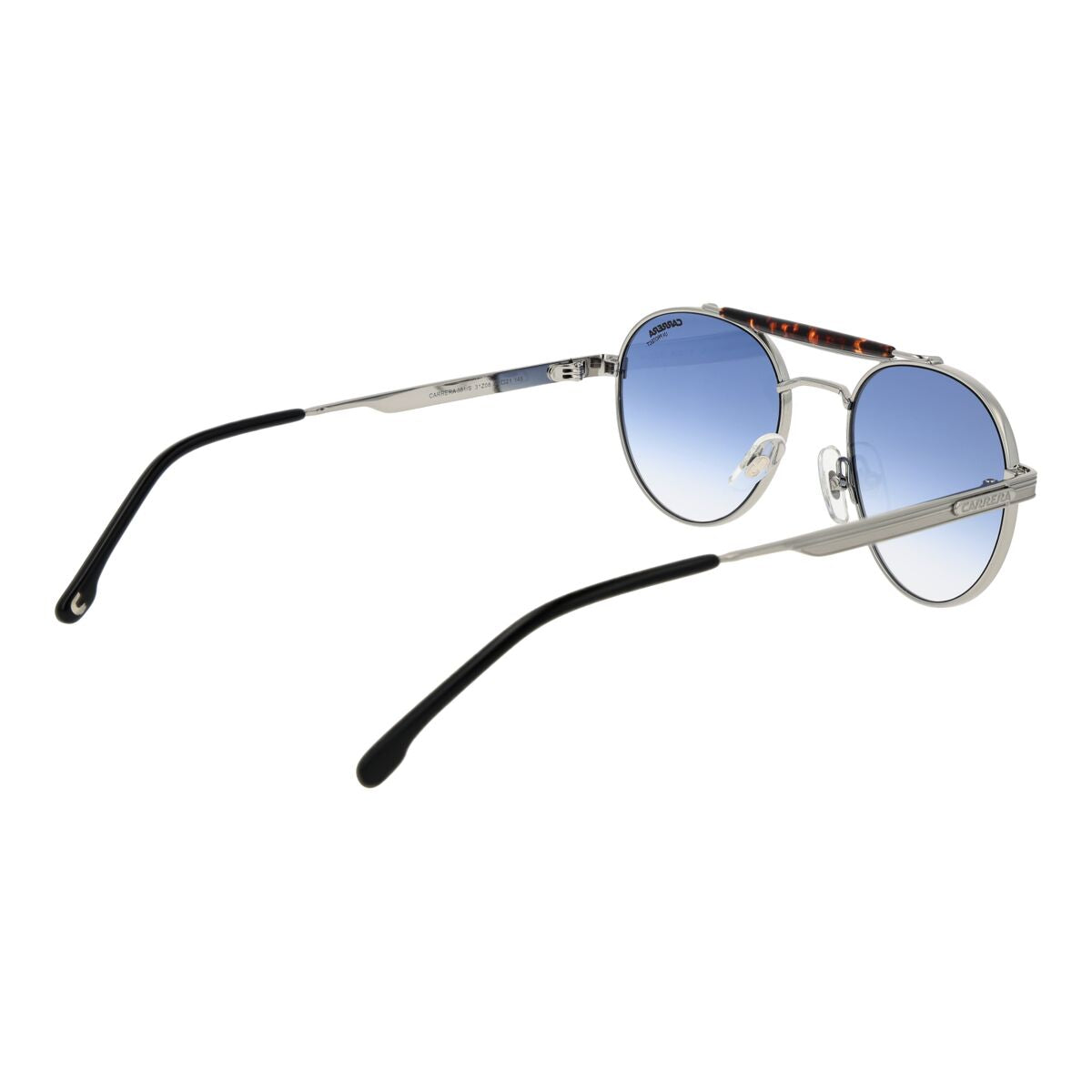 Detail van de Carrera zonnebril met blauw gradient glas en metalen montuur.