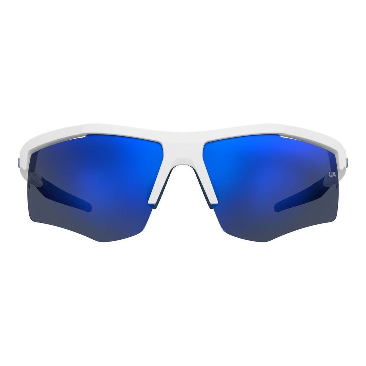 Detail van de Under Armour UA FLEXLITE_G sportzonnebril met blauwe lenzen en wit montuur.