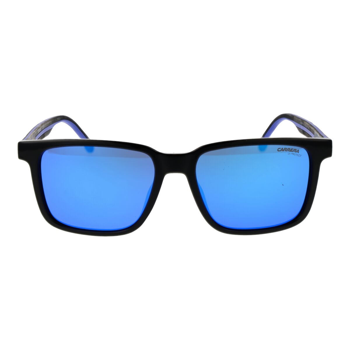 Zijaanzicht van de Carrera C SPORT 13_S zonnebril met blauwe glazen en zwart montuur.