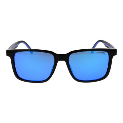 Zijaanzicht van de Carrera C SPORT 13_S zonnebril met blauwe glazen en zwart montuur.