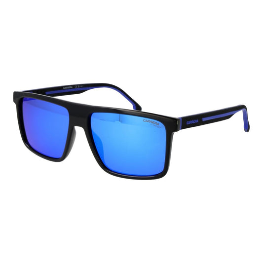 Zwarte Carrera zonnebril voor heren met blauwe glazen en een sportief ontwerp.