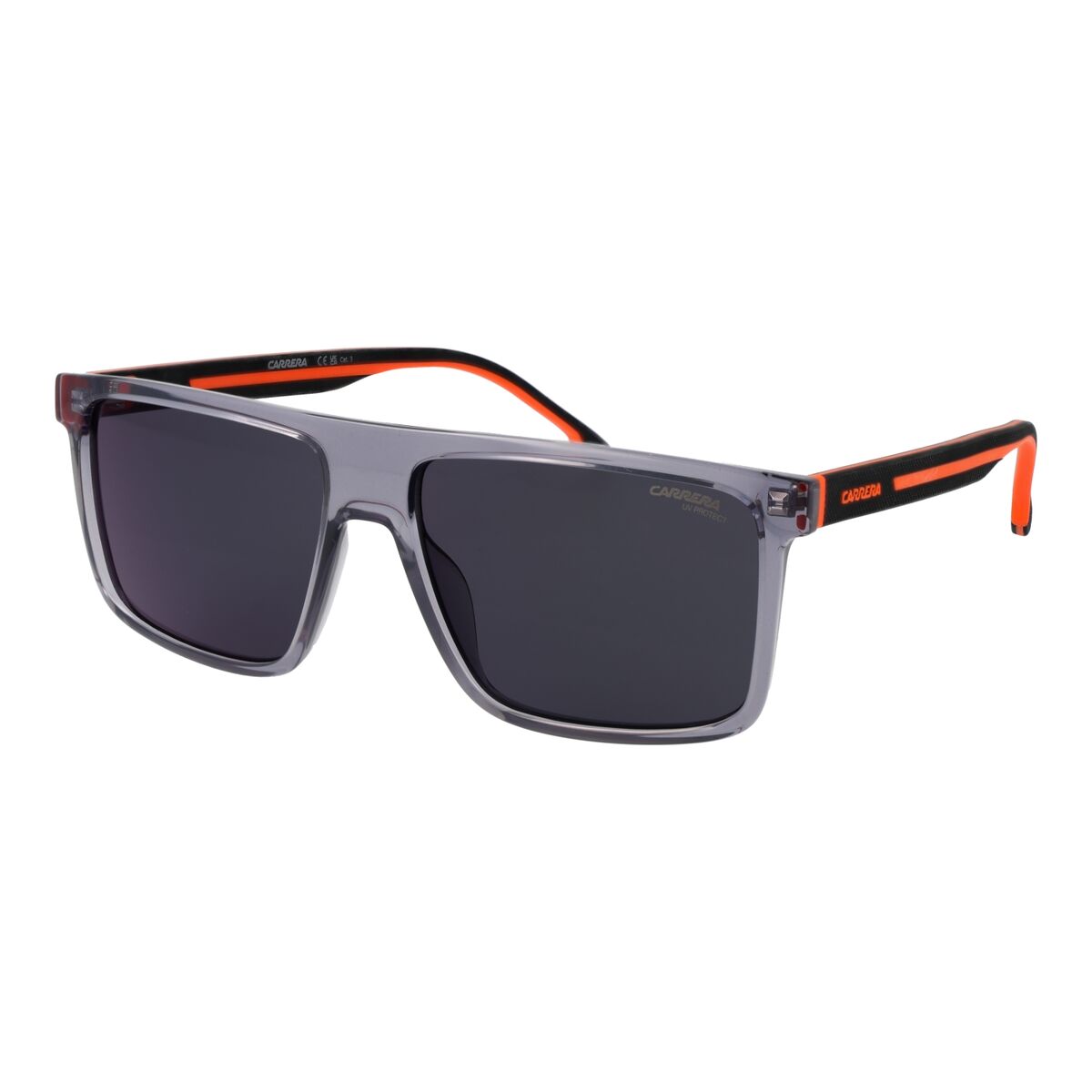 Sportieve Carrera zonnebril voor heren in grijs met oranje details en 100% UV-bescherming.