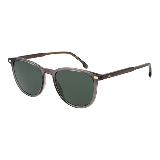 Hugo Boss zonnebril voor heren met elegante groene glazen en stijlvol bruin montuur.