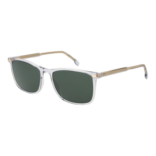 Transparante Hugo Boss zonnebril met groene glazen en gouden accenten, elegant ontwerp.