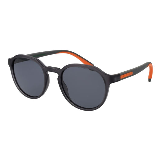 Zwarte Polaroid zonnebril voor heren met elegante ronde glazen en oranje accenten.