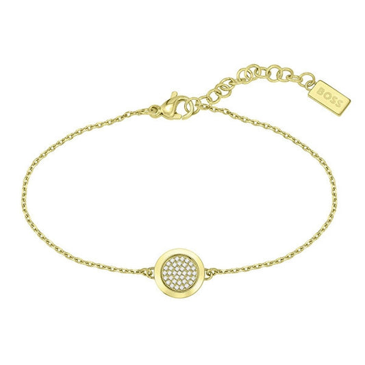 Hugo Boss gouden armband voor dames met elegante afwerking en strass detail.
