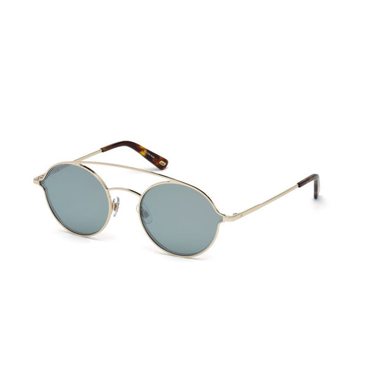 Gouden montuur zonnebril van Web Eyewear met blauwe lenzen, zijaanzicht.