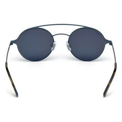 Detail van de blauwe metalen zonnebril Web Eyewear WE0220A, zijaanzicht met UV400 bescherming.