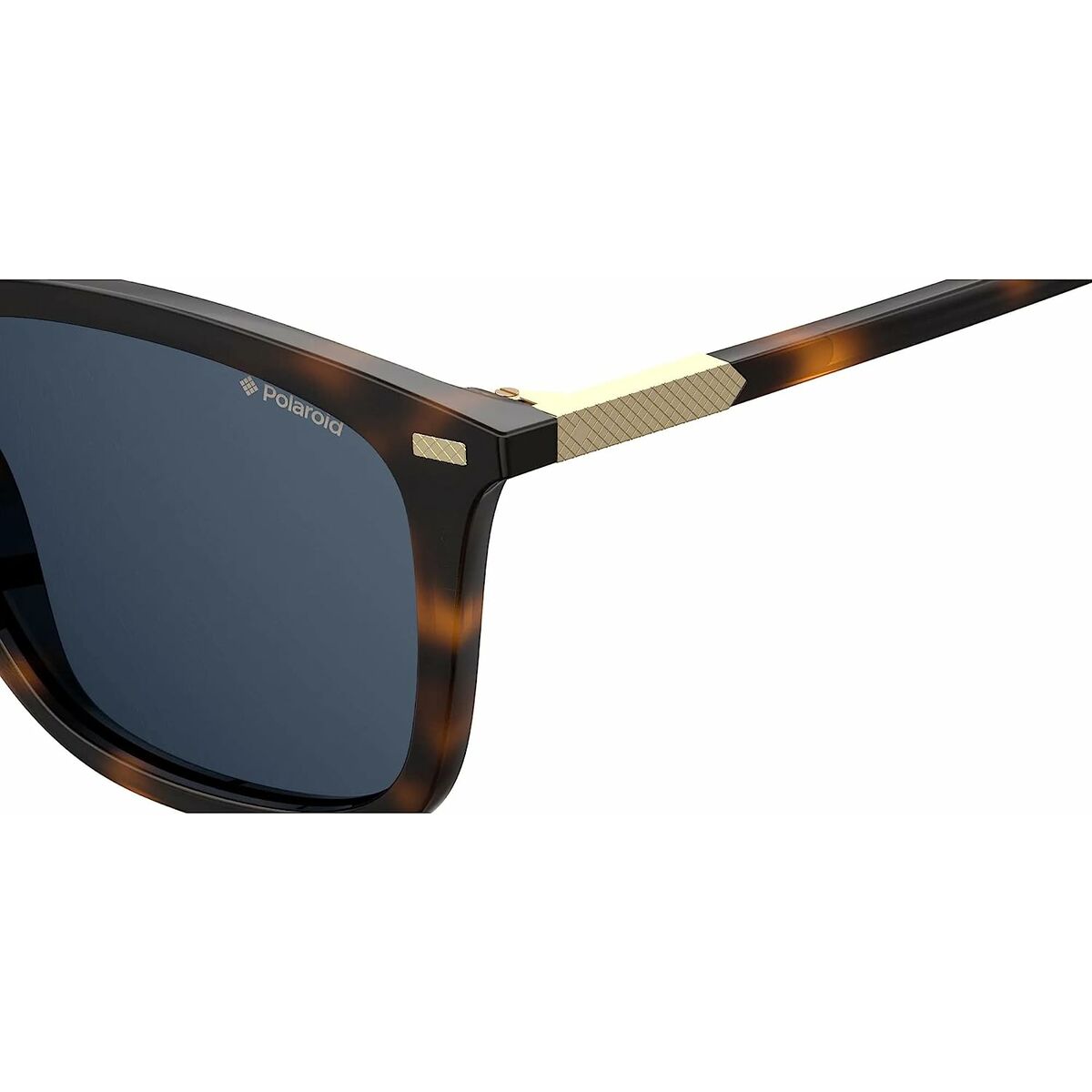 Detail van de Polaroid zonnebril met een bruin tortoise frame en goudkleurige accenten.
