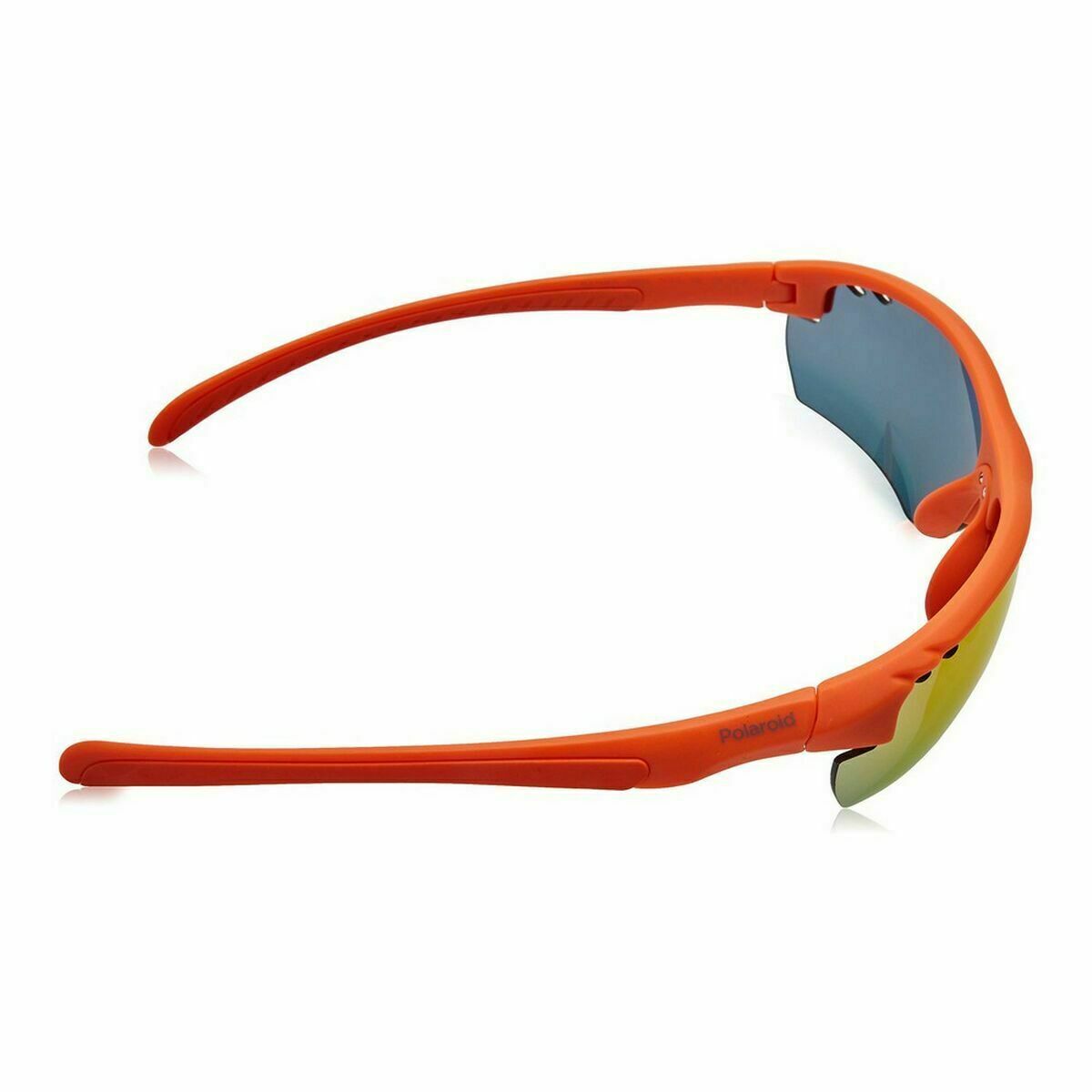 Zijaanzicht van de Polaroid zonnebril met gepolariseerde lenzen en oranje montuur.