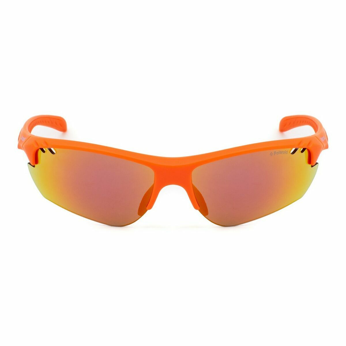 Detail van de Polaroid zonnebril in oranje met gepolariseerde lenzen en sportieve uitstraling.