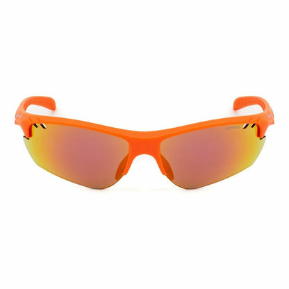 Detail van de Polaroid zonnebril in oranje met gepolariseerde lenzen en sportieve uitstraling.
