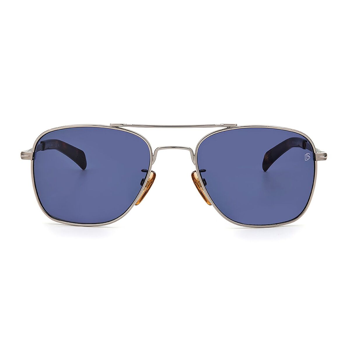 Zijaanzicht van de David Beckham zonnebril met blauwe glazen en metalen frame.