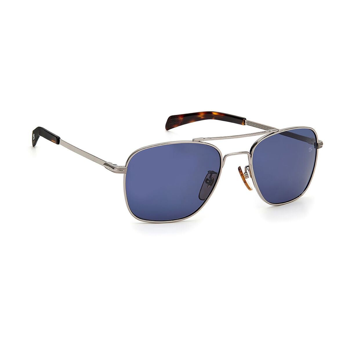 Zijaanzicht van de David Beckham zonnebril met blauwe glazen en metalen frame.