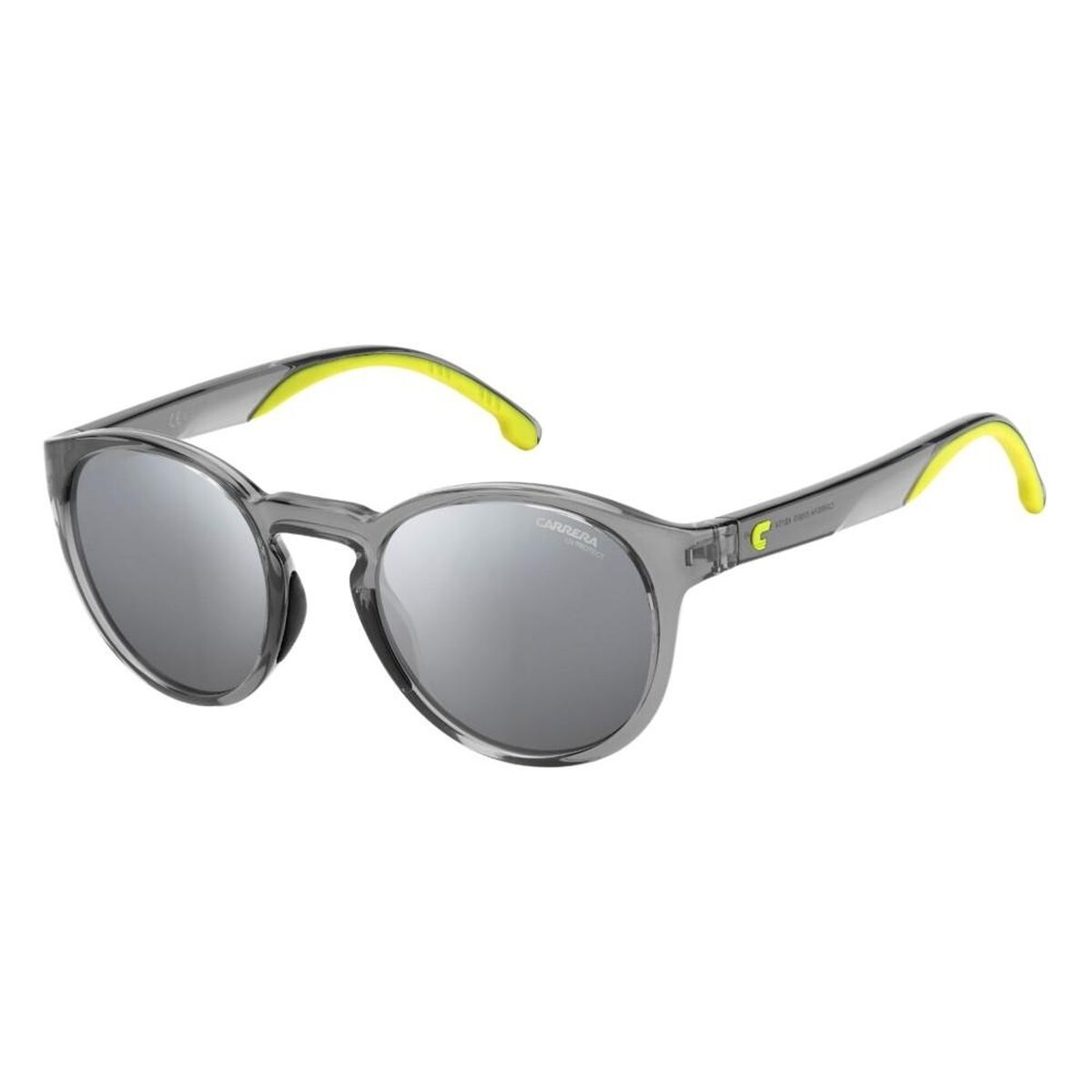 Zijaanzicht van de Carrera 8056/S zonnebril met zilverkleurig montuur en gele details.