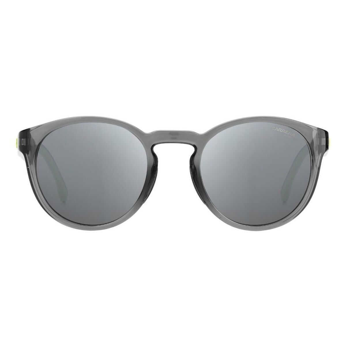 Zijaanzicht van de Carrera 8056/S zonnebril in zilver met grijze glazen.