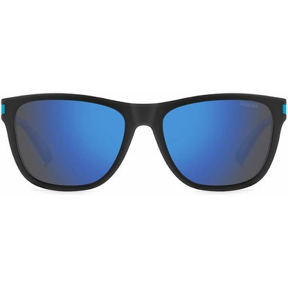 Zijaanzicht van de Polaroid Zonnebril Heren PLD 2138_S met blauwe glazen en zwart montuur.