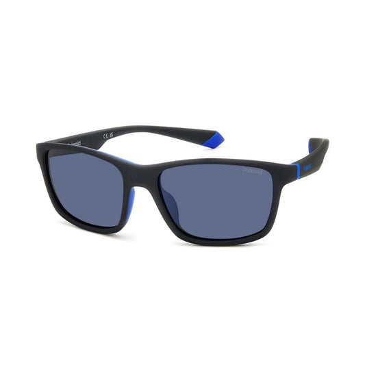 Trendy Polaroid zonnebril voor heren in zwart met blauwe accenten.