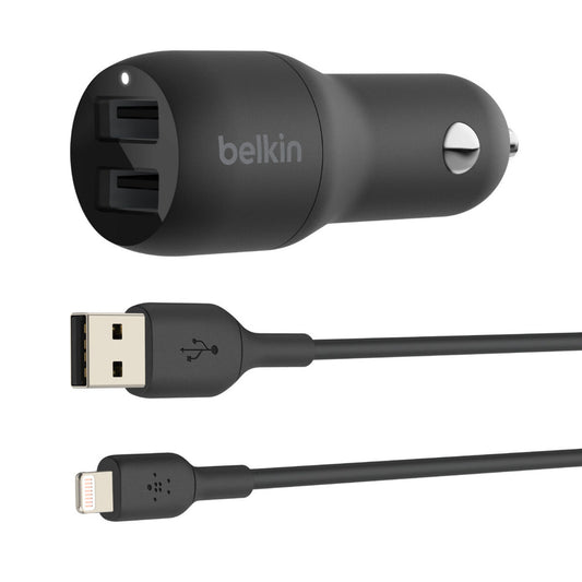 Belkin Boost Charge auto oplader in zwart met 24 W vermogen en USB-A aansluiting.