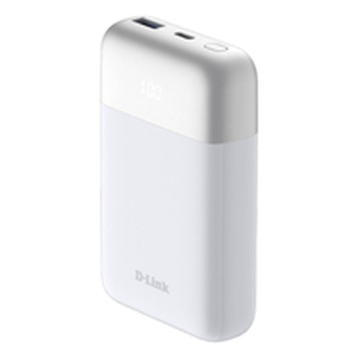 Zijaanzicht van de D-Link Powerbank DPP-101 in wit met USB-C en USB-A poorten.