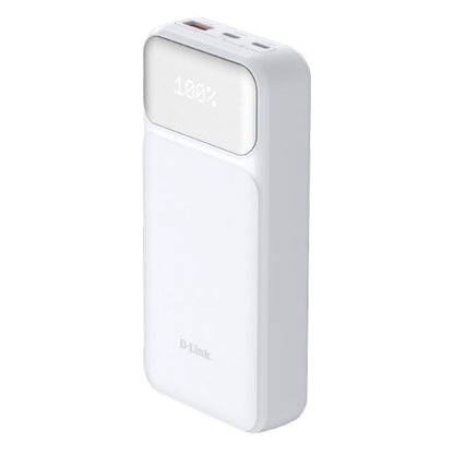 D-Link Powerbank DPP-201 in wit met digitale batterij-indicator en USB-C/USB-A aansluitingen.